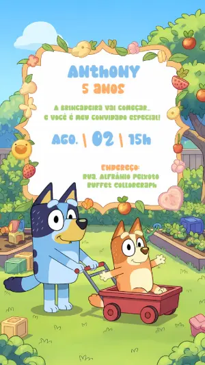 Convite de Aniversário Bluey e Bingo para Editar Online