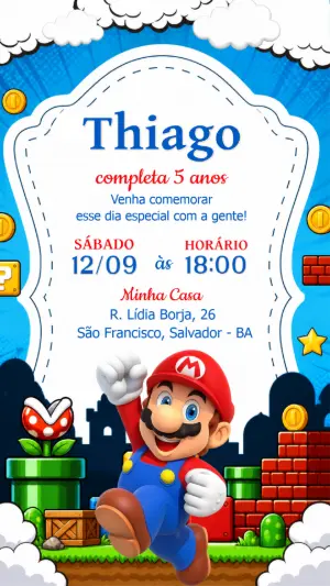 Convite de Aniversário Super Mario Digital para Editar Online
