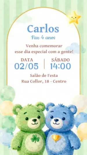 Convite de Aniversário Ursinhos Fofos em Aquarela Editável