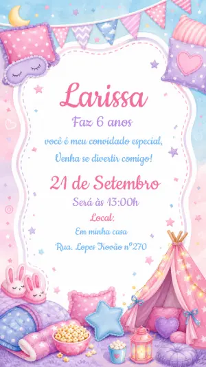 Convite de Aniversário Festa do Pijama Aquarela Editável