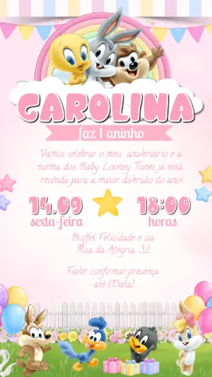 Convite de Aniversário Baby Looney Tunes Rosa para Editar