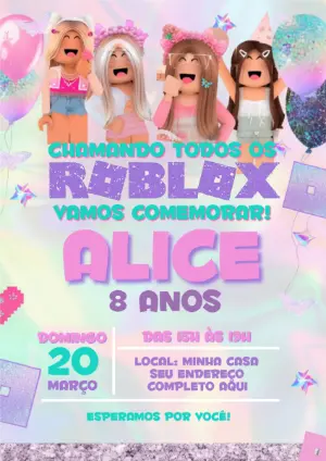 Convite de Aniversário Roblox Menina Rosa Editável