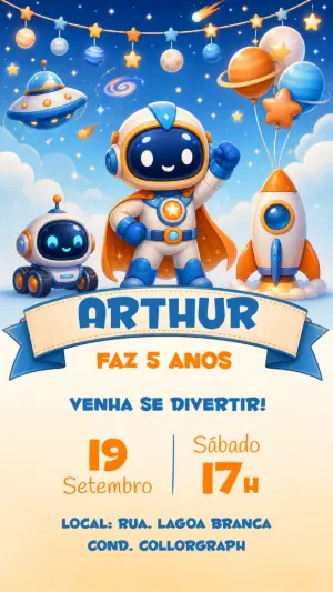 Convite de Aniversário Robô Astronauta no Espaço Editável