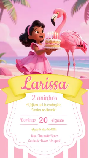 Convite de Aniversário Flamingo Rosa Infantil para Editar