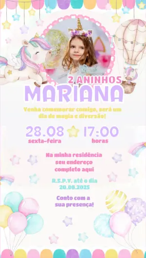 Convite Aniversário Unicórnio com Foto para Editar Online