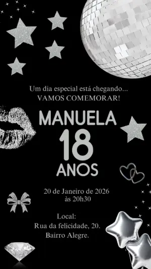 Convite de Aniversário Preto e Prata Glamour para Editar Online