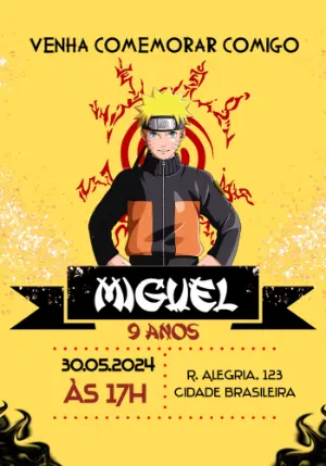 Convite de Aniversário Naruto Amarelo para Editar Online