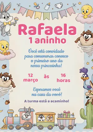 Convite de Aniversário Looney Tunes Baby Fofo para Editar