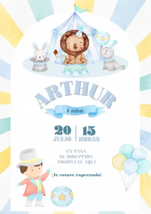 Invitación de Cumpleaños Circo de Animales Acuarela para Editar