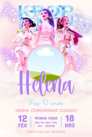 Convite de Aniversário K-Pop Guerreiras com Foto para Editar