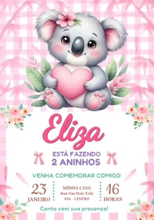 Convite Digital Aniversário Infantil Coala Rosa Editável