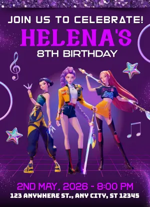Invitation d'anniversaire KPop Demon Hunters – Statique – Borboleta Convites