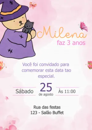 Convite Aniversário Ursinha Bruxinha Fofa para Editar Online