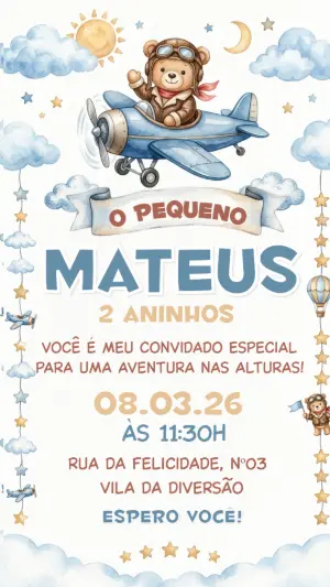 Convite de Aniversário Ursinho Aviador Aquarela Editável