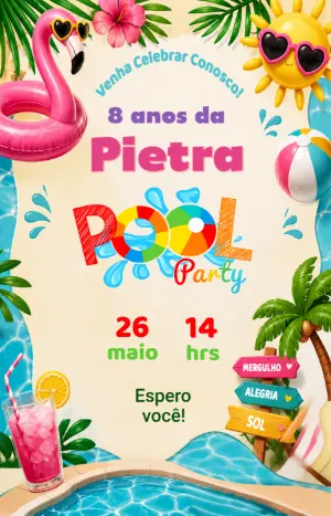 Convite de Aniversário Pool Party Infantil Colorido para Editar
