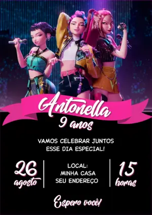Convite Aniversário Guerreiras do K-pop para Editar Online