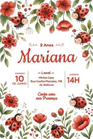 Convite de Aniversário Joaninha Aquarela para Editar