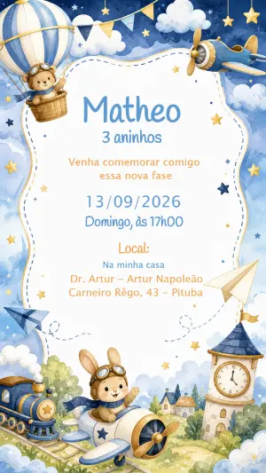 Convite de Aniversário Pequeno Aviador Editável