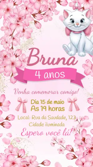 Convite de Aniversário Gatinha Marie Floral Editável