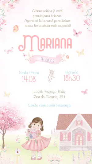 Convite Digital Aniversário Menina Boneca Aquarela para Editar