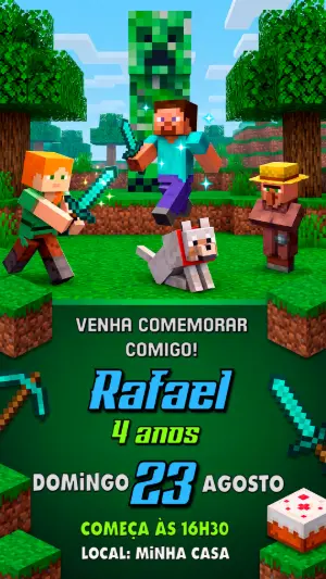 Convite de Aniversário Minecraft: Modelo Digital Editável