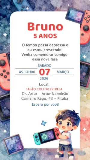 Convite de Aniversário Infantil Videogame Editável para Enviar