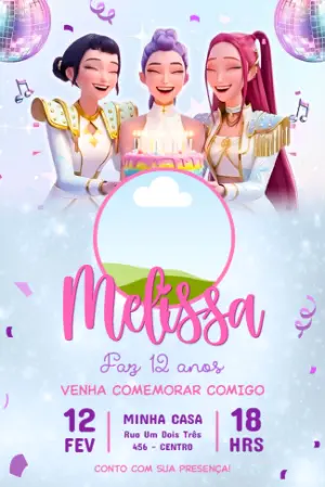 Convite de Aniversário Guerreiras K-pop com Foto Editável