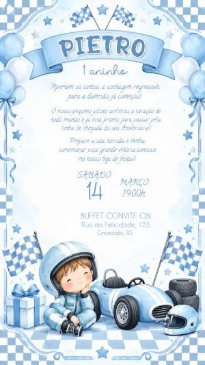 Convite de Aniversário Carro de Corrida Azul para Editar