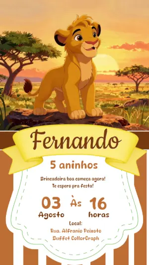 Convite Digital Infantil Rei Leão para Editar