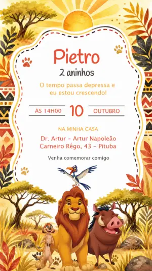 Convite de Aniversário O Rei Leão Aquarela para Editar