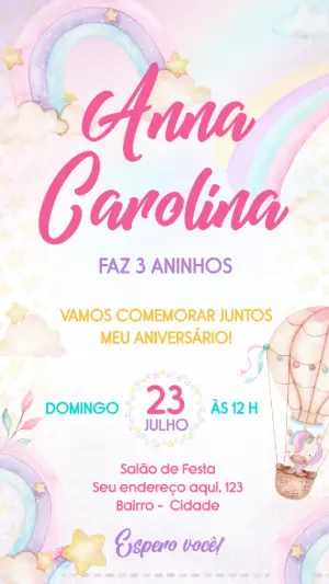 Convite Aniversário Unicórnio Arco-Íris para Editar Online