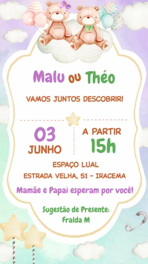 Convite Chá Revelação Ursinhos Lilás e Verde Editável