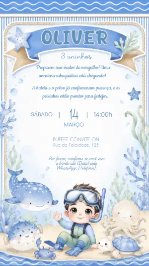 Convite Aniversário Fundo do Mar Menino Mergulhador Editável