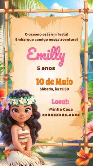 Convite de Aniversário Moana para Editar Online e Imprimir