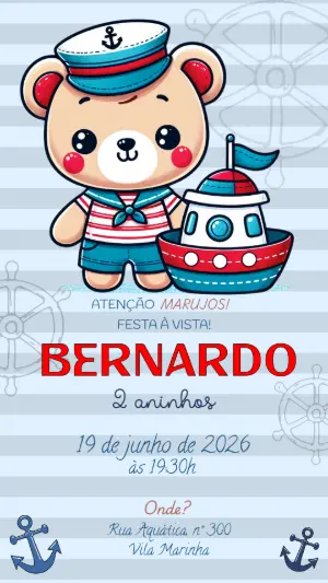 Convite de Aniversário Ursinho Marinheiro Editável