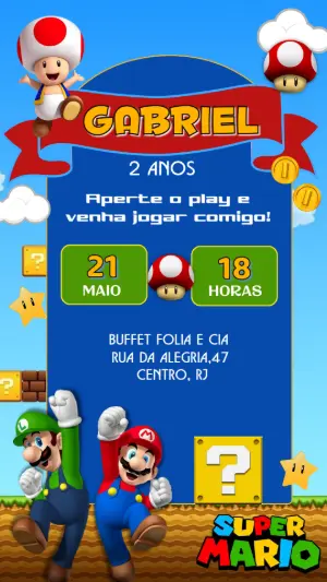 Convite Aniversário Super Mario com Personagens para Editar
