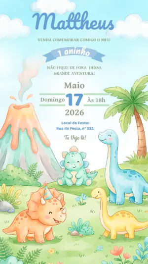 Convite de Aniversário Dinossauro Baby Aquarela para Editar
