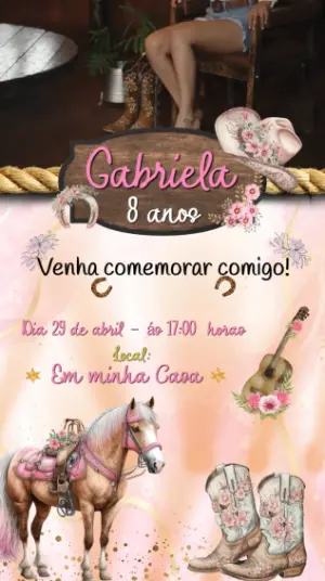 Convite Animado Aniversário Country Rosa com Foto para Editar