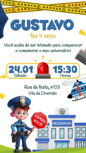 Convite de Aniversário Policial Fofo para Editar