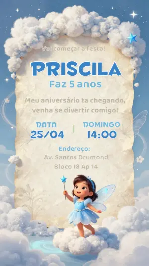Convite de Aniversário Fada no Céu Azul para Editar Online