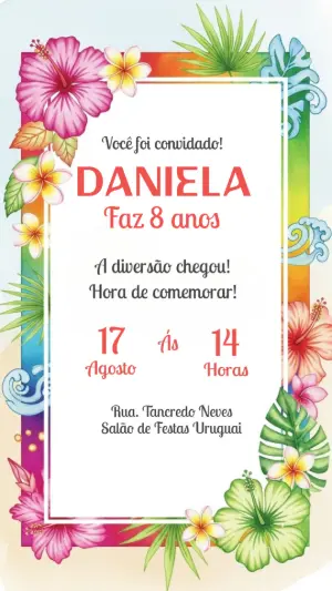 Convite Aniversário Verão Tropical com Flores para Editar Online