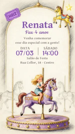 Convite Aniversário Carrossel Encantado Modelo Editável