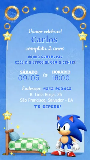 Convite de Aniversário Sonic Clássico Azul para Editar
