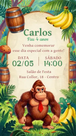 Convite Digital Donkey Kong na Selva para Aniversário