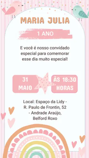 Convite de Aniversário Infantil Passarinhos e Arco-íris Editável