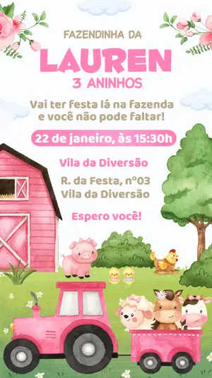 Convite Digital Fazendinha Rosa para Aniversário Editável