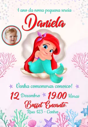 Convite de Aniversário Pequena Sereia com Foto para Editar