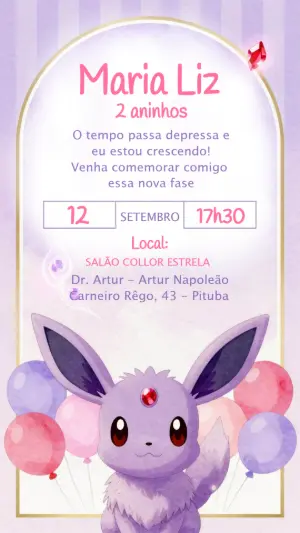 Convite de Aniversário Pokémon Espeon Lilás Modelo Editável
