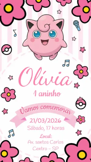 Convite de Aniversário Jigglypuff Rosa para Editar
