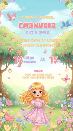 Convite Aniversário Jardim Encantado com Fada para Editar Online